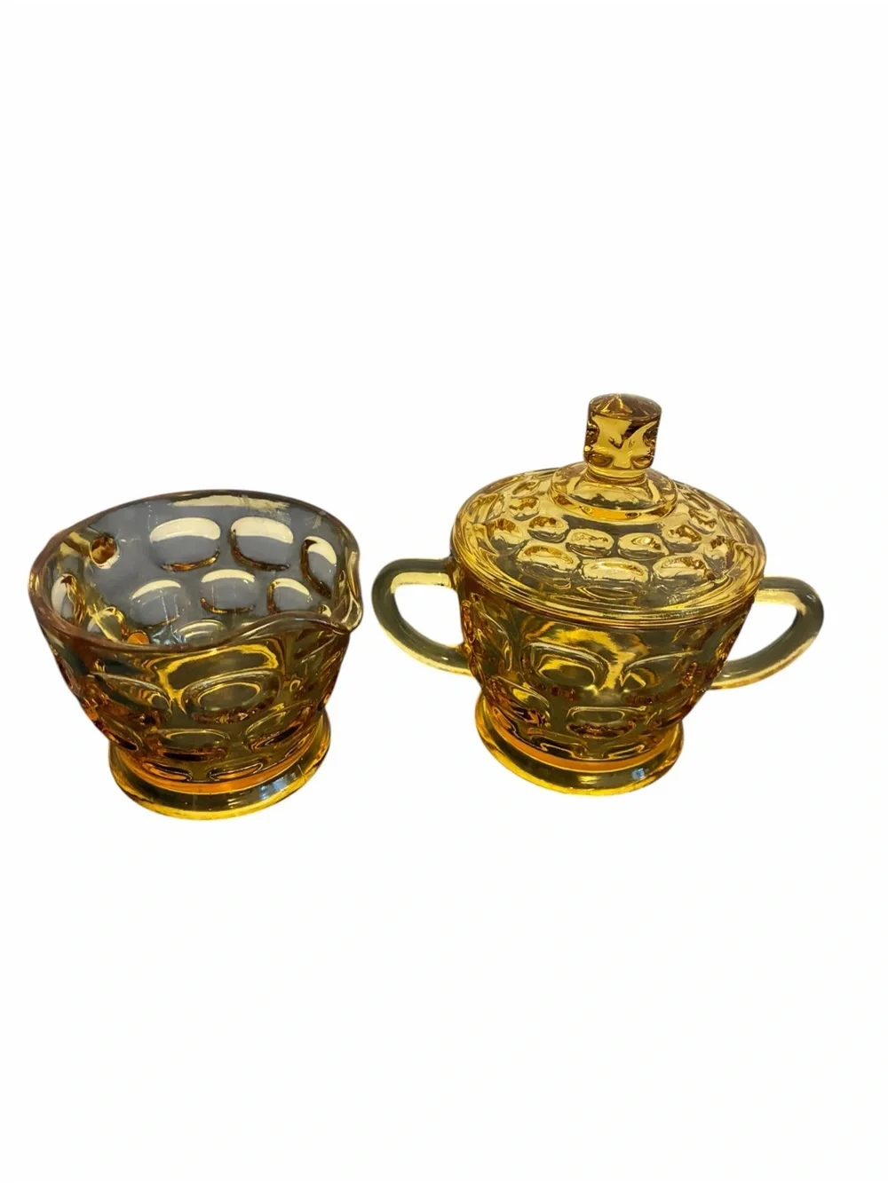 Vintage Amber Glass Thumbprint Creamer and Lidded Sugar Bowl Set Retro Honey